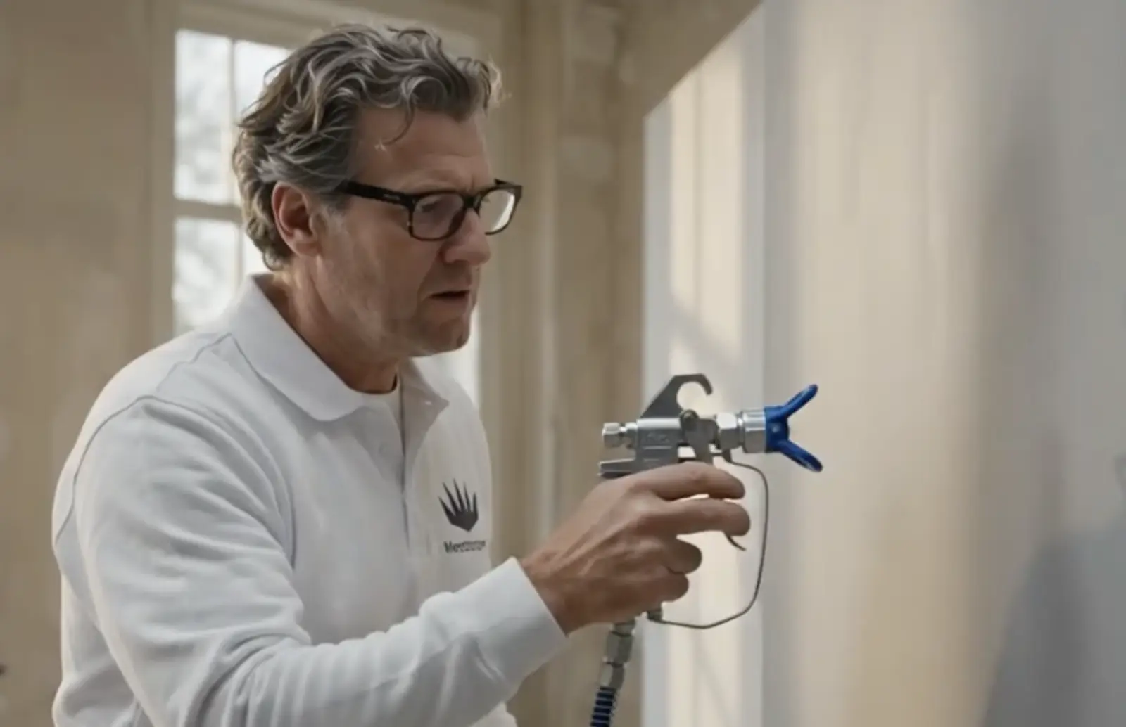 Spuiter in een Meesterspuiters-shirt spuit een wand met een airless spuitpistool (beeld uit een AI-sfeervideo)